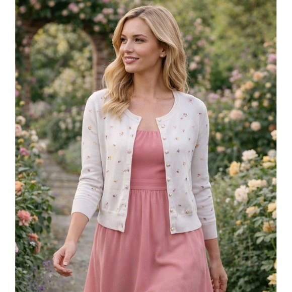 Karl Lagerfeld Sweaters - Karl Lagerfeld Paris Ivory Translucent Layered Floral Cropped Cardigan Large NWT